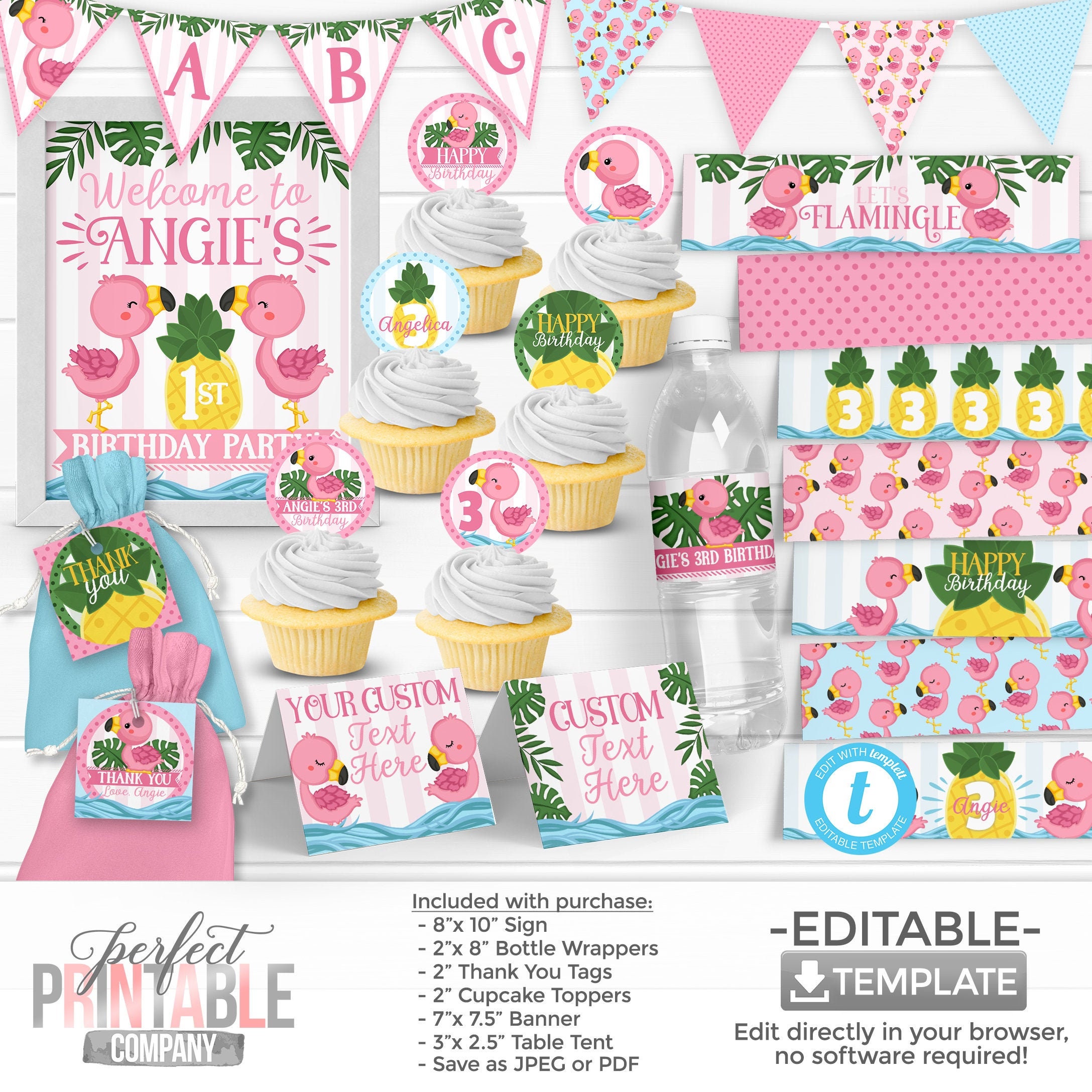 Flamingo Birthday Party Decorations Flamingo Theme Water Bottle Wrapper Banner Table Tent Cupcake Topper Welcome Sign Thank