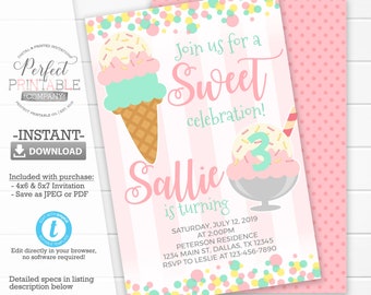 Ice Cream Invitation, Ice Cream Birthday Party Invitation, Ice Cream Social Invite, Pink Teal Mint Aqua, Popsicle, Editable Template #636