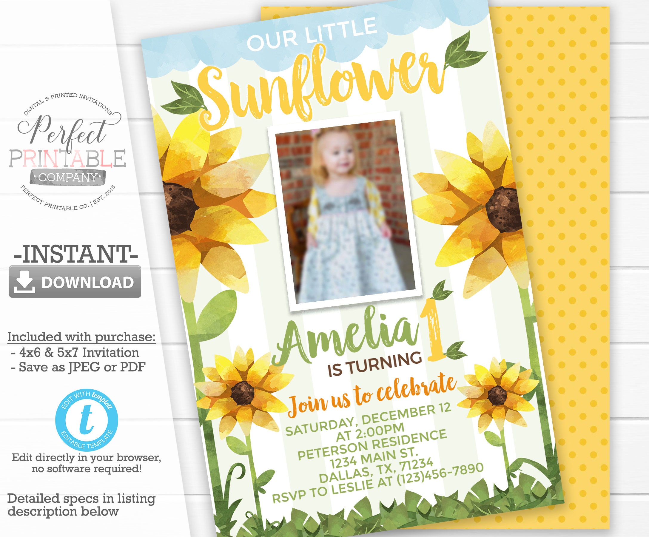 Sunflower Birthday Invitation Sunflower Invite 1st Birthday Invitation Floral Summer Invitation Photo Invitation Editable