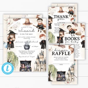Lot d'invitations pour baby shower de sorcier - Petit sorcier en cheminModèle - Demande de livre de cartes pour le tirage au sort de couches de remerciement #2131