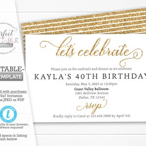 Lets Celebrate Invitation, Lets Celebrate Invite, Birthday Party Invitation, Baby Shower, Gold Glitter, Printable Editable Template #941