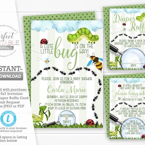 Bug Insect Baby Shower Invitation Set, Kit, Package, Bundle, Invite, Diaper Raffle Card, Book Request, Insert, Editable Template #841