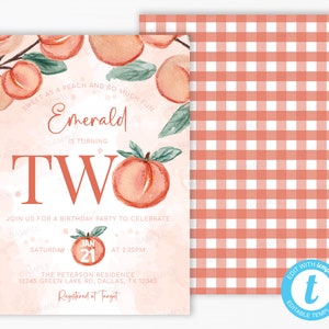 Peach 2nd Birthday Invitation, Peach Invite, Peach turning TWO Party Invitation, Picnic Buffalo Plaid Peach Evite, Editable Template #2018