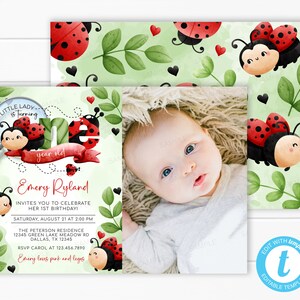 Ladybug Birthday Party Invitation, Ladybug Invite, Insect Lady Bug 1st Birthday Invitation, Turning ONE Invitation, Editable Template #2007