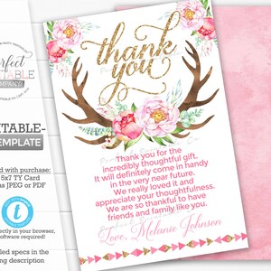 Deer Antler Thank You Card, Deer Antler Thank You Note, Baby Shower, Birthday Party, Thank You Tag, Tribal Rustic, Editable Template #386