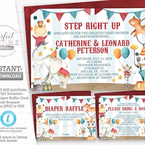 Circus Dieren Baby Shower Uitnodiging Set, Kit, Pakket, Bundel, Uitnodigen, Luier Loterij Kaart, Boek Verzoek, Invoegen, bewerkbare sjabloon #890
