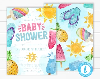 Tropical Summer Baby Shower Invitation, Popsicle Baby Shower Invite, Fun in the Sun Baby Shower Invitation, Editable Template #2025