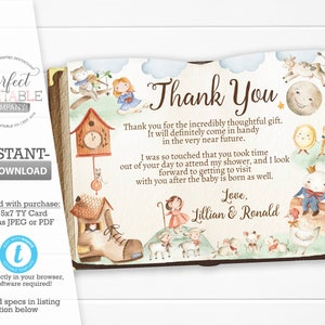 Nursery Rhyme Baby Shower Tarjeta de agradecimiento, Mother Goose Thank You Card, Fairy Tale Thank You Card, Thank You Note, Editable Template #888
