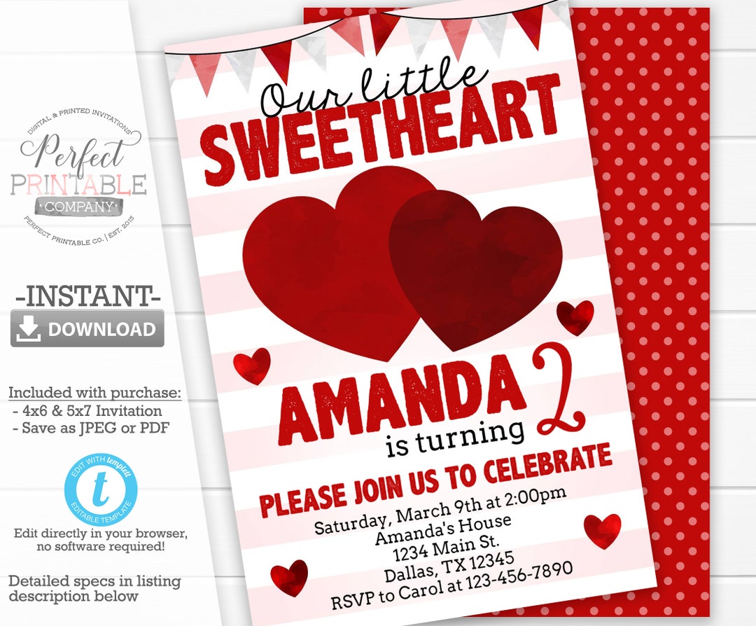 Valentines Birthday Invitation Valentines Invite Sweetheart Etsy