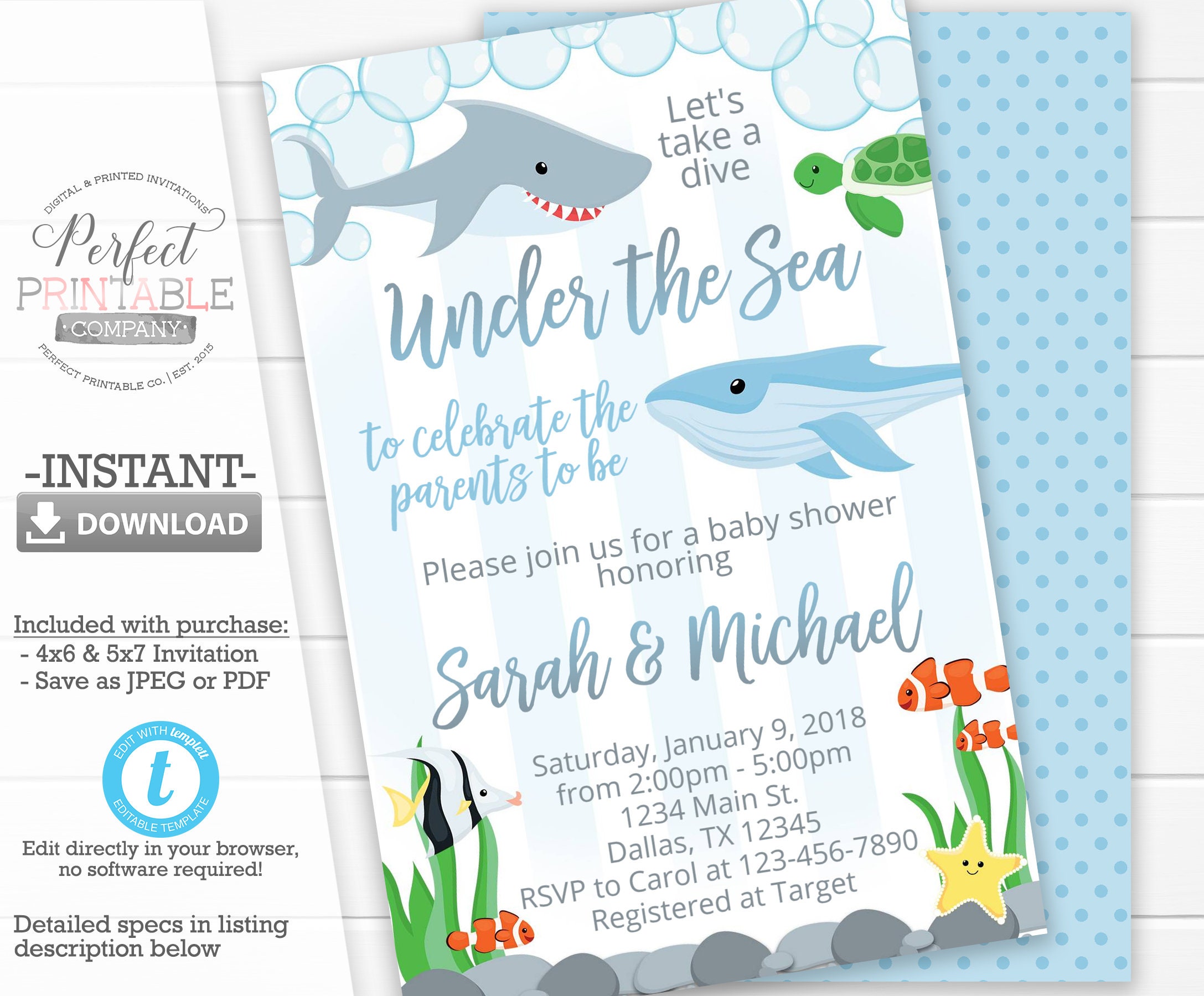 Under The Sea Baby Shower Invitation Ocean Animal Baby Shower Etsy