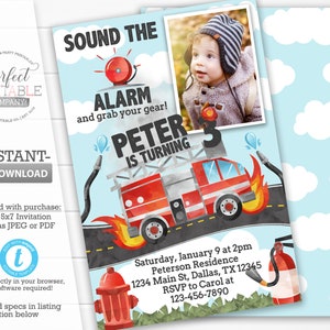 Firetruck Birthday Invitation, Firetruck Invite, Firefighter Birthday Invitation, Fireman Birthday Photo Invitation, Editable Template #806