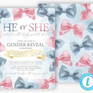 Bow and Bowtie Gender Reveal Invitation, He or She Gender Reveal Invitation, Pink and Blue Baby Shower Invite, Editable Template #1093