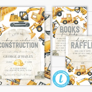 Ensemble d'invitation de douche de bébé de construction, carte de tombola de couches, livres pour l'insertion de demande de bébé, invitation de camion à benne basculante, modèle modifiable #2033