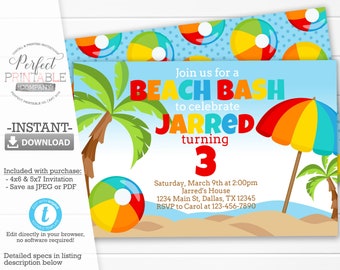 Beach Bash Birthday Invitation, Pool Party Invitation, Beach Bash Invite, Beach Ball Birthday Invitation, Editable Template #914