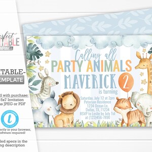 Safari Birthday Party Invitation, Safari Invite, Jungle Birthday Invitation, Jungle Invite, Calling all Party Animals, Wild One #981