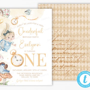 Alice in Wonderland Birthday Invitation, Alice in ONEderland Invite, 1st Birthday turning ONE, Mad Hatter Tea Party, Editable Template #2101