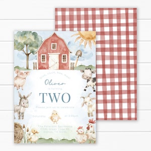 May include: A watercolor illustration of a red barn with a blue sky and clouds. The barn has a white door and windows. There are farm animals around the barn, including a pig, a donkey, a cow, a goat, and chickens. The text "Oink, cluck, baa, moo! Oliver is turning TWO. Please join us to celebrate Saturday at 2:00pm. The Peterson Residence 12345 Green Lake Rd. Douns, TX 12345" is written on the invitation.
