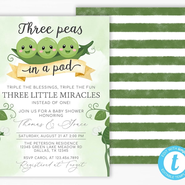 Three Peas in a Pod Baby Shower Invitation, Triplet Boys Baby Shower Invitation, Sweet Pea Invitation, Pea Pod Invite, Baby Sprinkle #1095