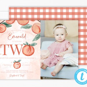 Peach 2nd Birthday Invitation, Peach Invite, Peach TWO Party Invitation, Picnic Buffalo Plaid Peach Photo Evite, Editable Template #2018