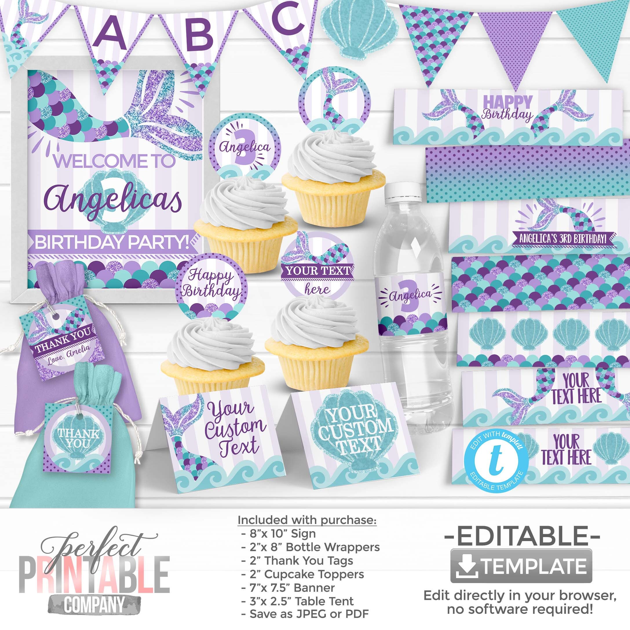 Mermaid Birthday Party Decorations Mermaid Theme Water Bottle Wrapper Banner Table Tent Cupcake Toppers Welcome Sign Thank