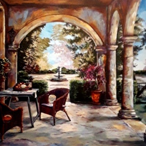 May include: A painting of a patio with two chairs and a table with fruit on it. The patio is surrounded by columns and arches, and there is a fountain in the distance.