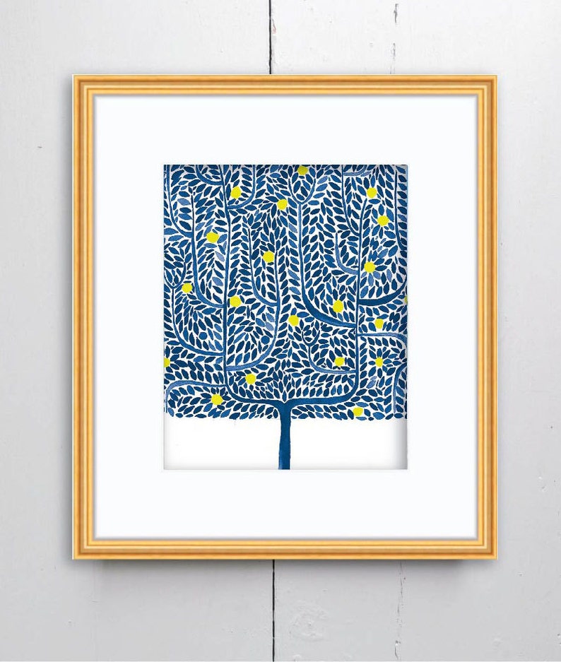 May include: A framed print of a stylized blue tree with yellow leaves. The tree is set against a white background.