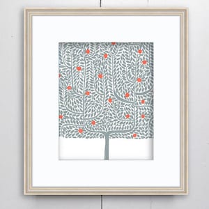 May include: A framed print of a stylized tree with green leaves and orange fruit. The tree is set against a white background.