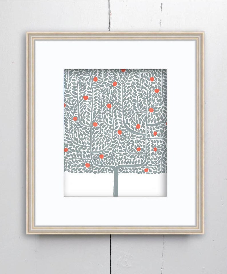 May include: A framed print of a stylized tree with green leaves and orange fruit. The tree is set against a white background.