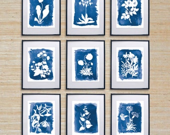 Series of 9 Cyanotype Inspired Watercolor Prints - SMc. Originals, watercolor painting, rustic, modern, original artwork, nature, decor