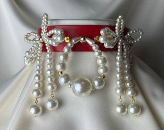 Handmade Red Leather Pearl Choker: Teardrop O-Ring Bow