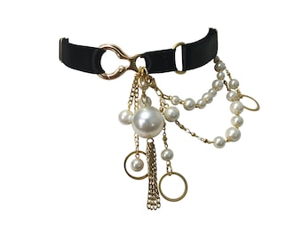 Pearl & Gold Chain Choker: Satin Elastic Adjustable Necklace
