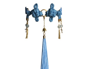Dia - Baby Blue -  Mini knot choker - Satin and rope with tassel , Pearl , Floral Embellishments