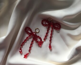 Boa - Red Earrings - Double Bow - - Stainless steel Hoop - glass Faceted