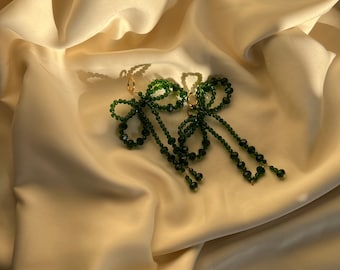KORA -Green Earrings - Double Bow - - Stainless steel Hoop - glass Faceted