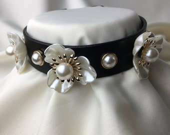 Eva - Leather Pearl choker - Light Gold - Gold - Handmade