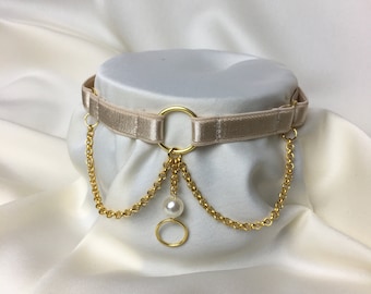 Nude Satin Choker – Gold Chain & Pearl Pendant