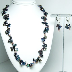 Peacock pearl keshi & pink pearl hand-knotted necklace earring set silver.16 inch multicolor keshi round pink pearl necklace earring set.