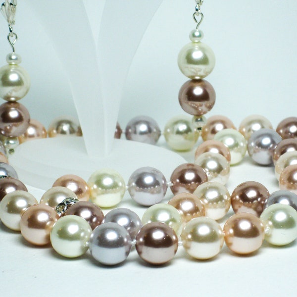 Pastel faux pearls sterling silver hand-knotted silk necklace & earring set.4 pastel color faux pearls necklace earring set sterling silver.