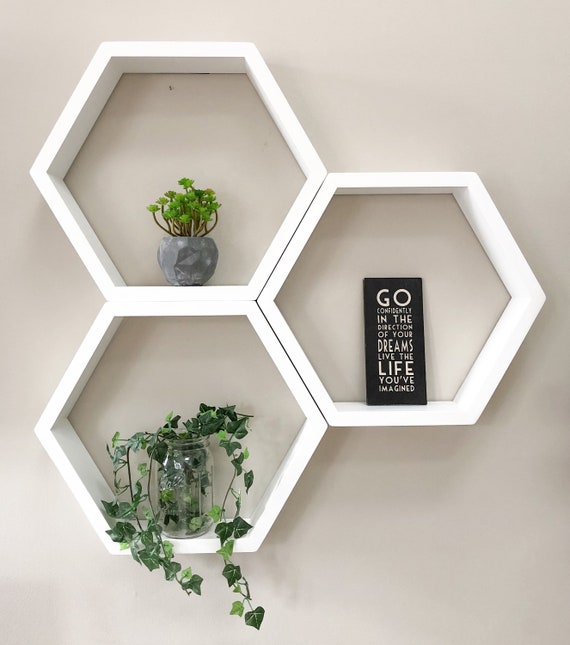 Set of 3 White Honeycomb Shelves Hexagon Shelves Geometric Shelves