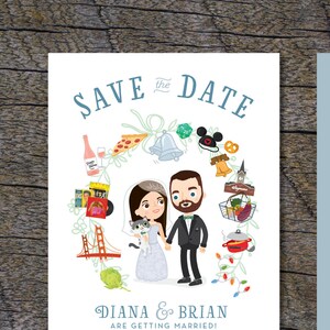 K&ouml;nnte beinhalten: Save-the-Date-Karte mit einer Cartoon-Illustration eines Paares, einer Katze und einer Torte. Der Text lautet "Save the Date" und "Diana & Brian are getting married!" mit Datum und Ort. Die Karte enth&auml;lt auch eine Website-Adresse.