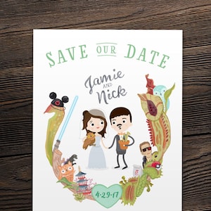 K&ouml;nnte beinhalten: Save-the-Date-Karte mit einem gr&uuml;nen Herzen und dem Datum 4-29-17. Die Karte zeigt ein Cartoon-Paar, Jamie und Nick, umgeben von verschiedenen Illustrationen, darunter ein Mickey-Mouse-Hut, ein Lichtschwert, eine Topfpflanze, eine Pagode und eine Venusfliegenfalle.