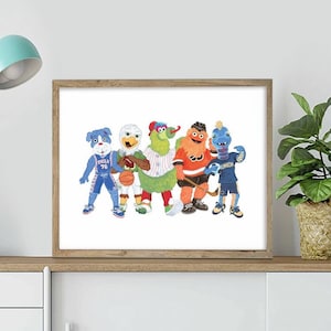 Pięć nadruków maskotek drużyny Philly (Phanatic, Gritty, Swoop, Franklin, Phang)
