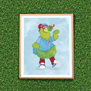 May include: A green, furry mascot wearing a blue baseball jersey with a red 'P' on the front. The mascot is holding a baseball bat and has a red hat on. The mascot is standing on a light blue background.