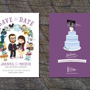 K&ouml;nnte beinhalten: Save the date Hochzeitsank&uuml;ndigung mit einer Cartoon-Illustration eines Paares, Joanna und Dustin, umgeben von Symbolen, die ihre Interessen repr&auml;sentieren. Die Ank&uuml;ndigung enth&auml;lt das Datum, den 28. M&auml;rz 2020, und den Ort, Los Gatos, Kalifornien. Die zweite Karte zeigt eine Cartoon-Illustration eines Hundes auf einer Hochzeitstorte mit dem Text "folgen Sie unserer Reise auf" und einer Website-Adresse.