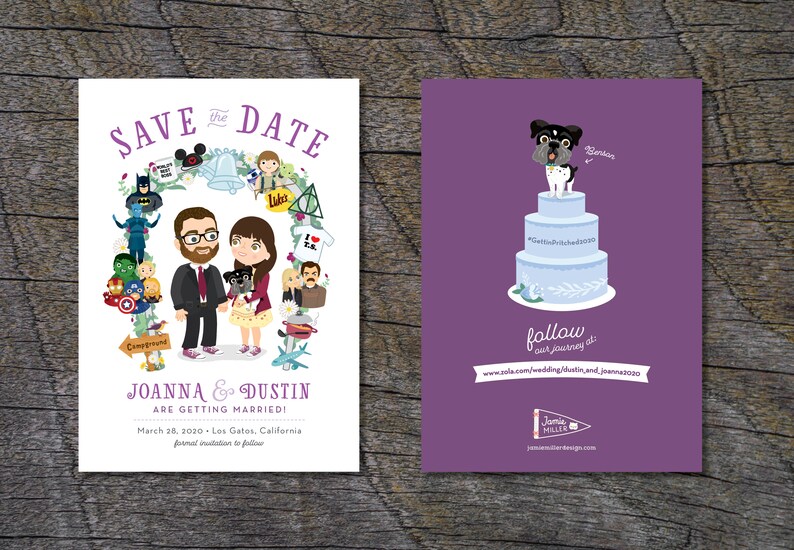 K&ouml;nnte beinhalten: Save the date Hochzeitsank&uuml;ndigung mit einer Cartoon-Illustration eines Paares, Joanna und Dustin, umgeben von Symbolen, die ihre Interessen repr&auml;sentieren. Die Ank&uuml;ndigung enth&auml;lt das Datum, den 28. M&auml;rz 2020, und den Ort, Los Gatos, Kalifornien. Die zweite Karte zeigt eine Cartoon-Illustration eines Hundes auf einer Hochzeitstorte mit dem Text "folgen Sie unserer Reise auf" und einer Website-Adresse.