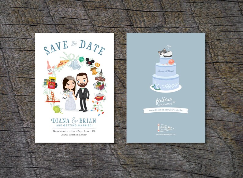 K&ouml;nnte beinhalten: Save-the-Date-Karte mit einer Cartoon-Illustration eines Paares, einer Katze und einer Torte. Der Text lautet "Save the Date" und "Diana & Brian are getting married!" mit Datum und Ort. Die Karte enth&auml;lt auch eine Website-Adresse.