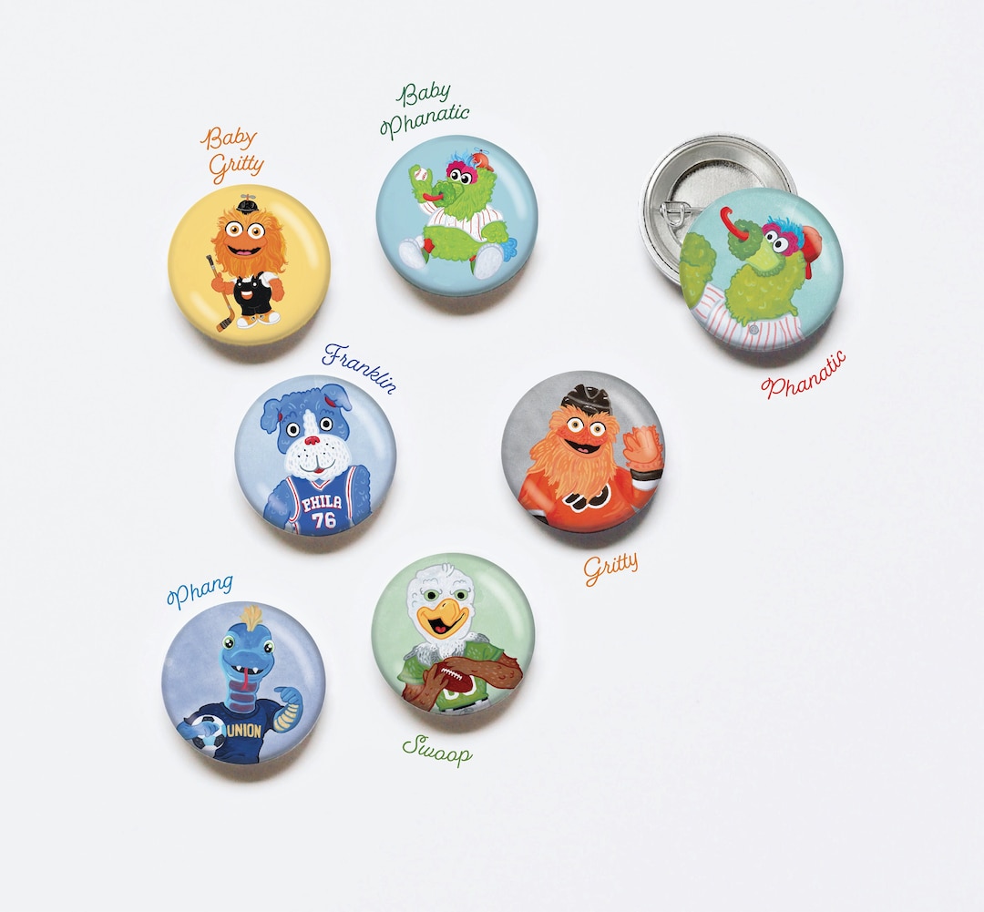 Philadelphia Mascot Pins 2.5" - Phanatic, Gritty, Swoop, Franklin ...