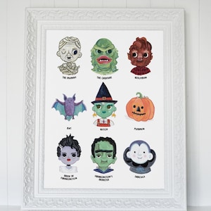 Halloween Monster Print - Mummy, Creature, Wolfman, Bat, Witch, Pumpkin, Bride of Frankenstein, Frankenstein&#39;s Monster, Dracula, Wolfwoman