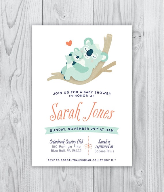 Koala Baby Shower Invitation Animal Theme Gender Neutral Etsy