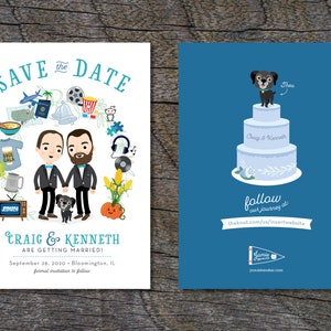 K&ouml;nnte beinhalten: Save the date Hochzeitsank&uuml;ndigung mit einer Cartoon-Illustration von zwei M&auml;nnern, die sich an den H&auml;nden halten und einen Hund dabei haben. Die Ank&uuml;ndigung enth&auml;lt die Namen des Paares, Craig und Kenneth, das Datum 26. September 2020 und den Ort Bloomington, IL. Die Ank&uuml;ndigung enth&auml;lt auch eine Vielzahl von Symbolen, die die Interessen des Paares repr&auml;sentieren, wie z. B. ein Flugzeug, eine Kamera, eine Glocke, ein Bierkrug, ein Fernseher, ein Plattenspieler und ein K&uuml;rbis.